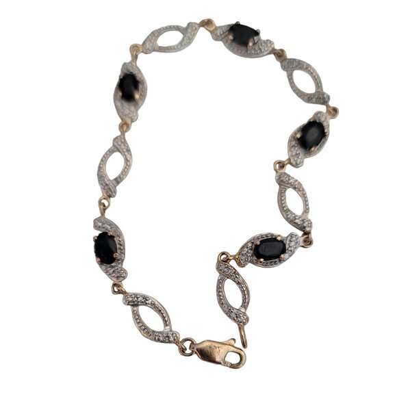 Sterling Silver 925 Gold Black Lucite Cab Rhinestone Bracelet, 7.25" Long M974 - Picture 5 of 5